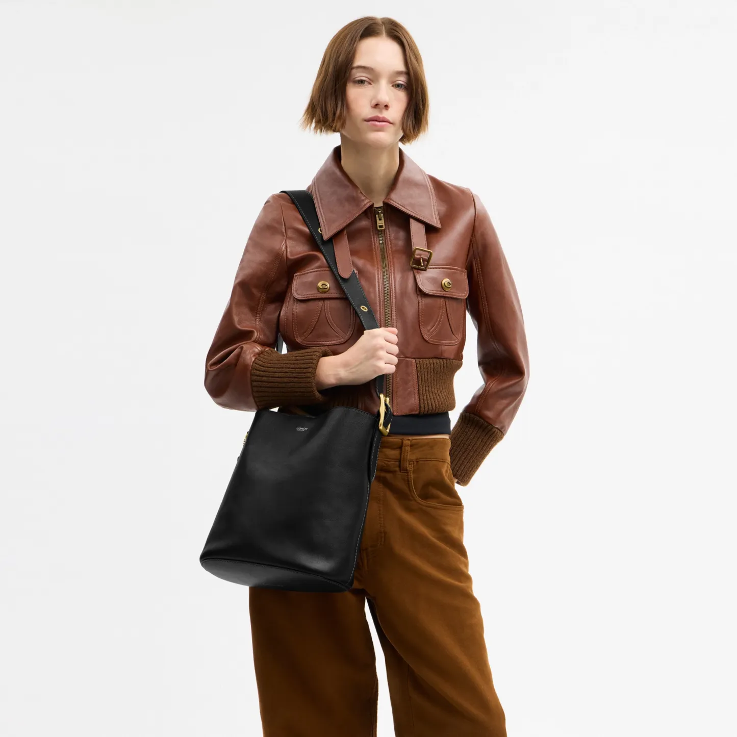 COACH®,Bleecker Bucket Bag,Leather,Bucket,Adjustable,Gold Metal,Casual,Black,Detail View