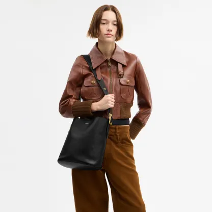 COACH®,Bleecker Bucket Bag,Leather,Bucket,Adjustable,Gold Metal,Casual,Black,Detail View