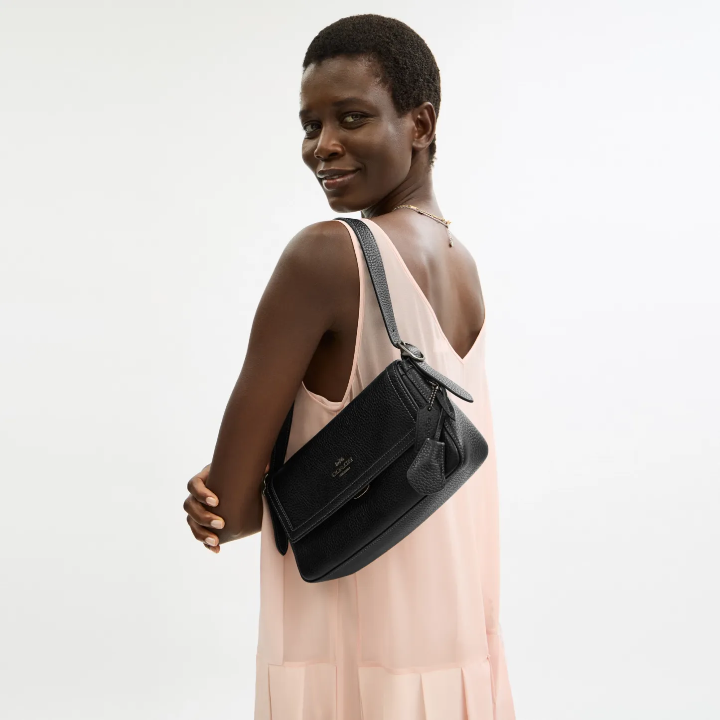 COACH®,Etta Small Flap Shoulder Bag,Leather,Shoulder Bag,Metal,Logo,Compact,Lined,Adjustable,Casual,Black,Detail View
