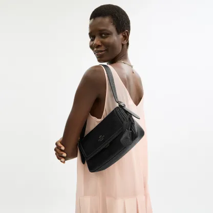 COACH®,Etta Small Flap Shoulder Bag,Leather,Shoulder Bag,Metal,Logo,Compact,Lined,Adjustable,Casual,Black,Detail View