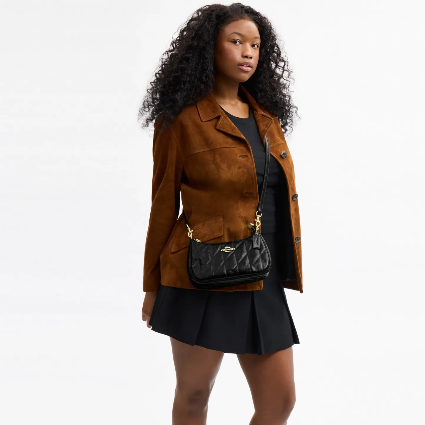 COACH®,Teri Shoulder Bag With Quilting,Recycled Polyester,Leather,Shoulder Bag,Metal,Logo,Silver Metal,Casual,Black