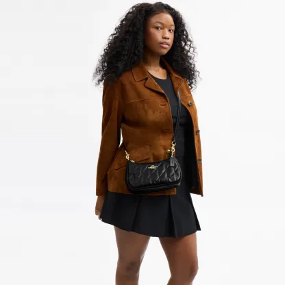 COACH®,Teri Shoulder Bag With Quilting,Recycled Polyester,Leather,Shoulder Bag,Metal,Logo,Silver Metal,Casual,Black