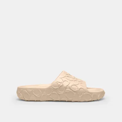 COACH®,Bay Slide In Signature,EVA,Slides,Embossed,Logo,Pull Tab,Casual,Beige,Angle View