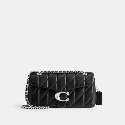 COACH®,Tabby Shoulder Bag 26 With Pillow Quilting,Leather,Shoulder Bag,Metal,Logo,Shoulder Guard,Silver Metal,Day Party,Black,Front View