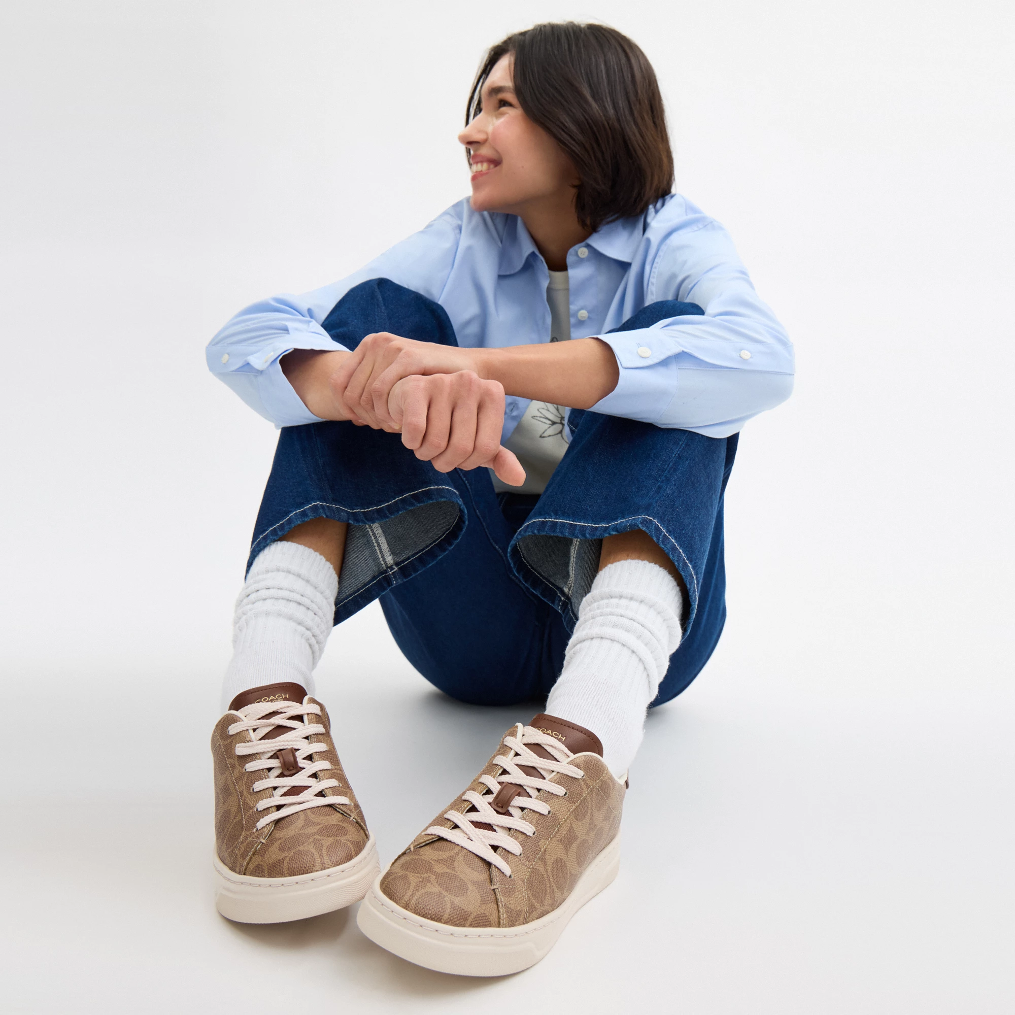 COACH®,High Line Sneaker In Signature Canvas,EVA,Canvas,Leather,Casual,Fabric,Logo,Pull Tab,Casual,Brown,Detail View