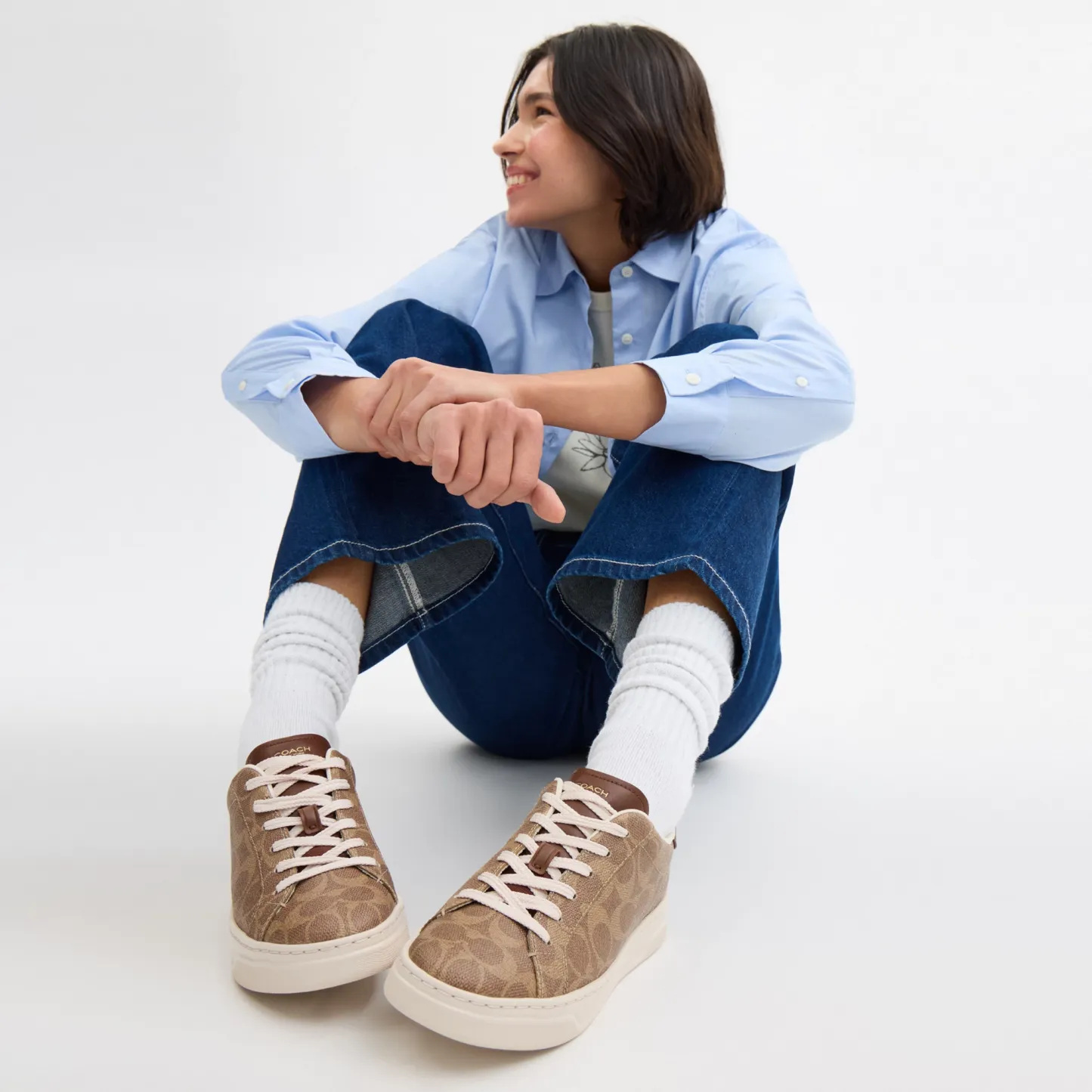 COACH®,High Line Sneaker In Signature Canvas,EVA,Canvas,Leather,Casual,Fabric,Logo,Pull Tab,Casual,Brown,Detail View