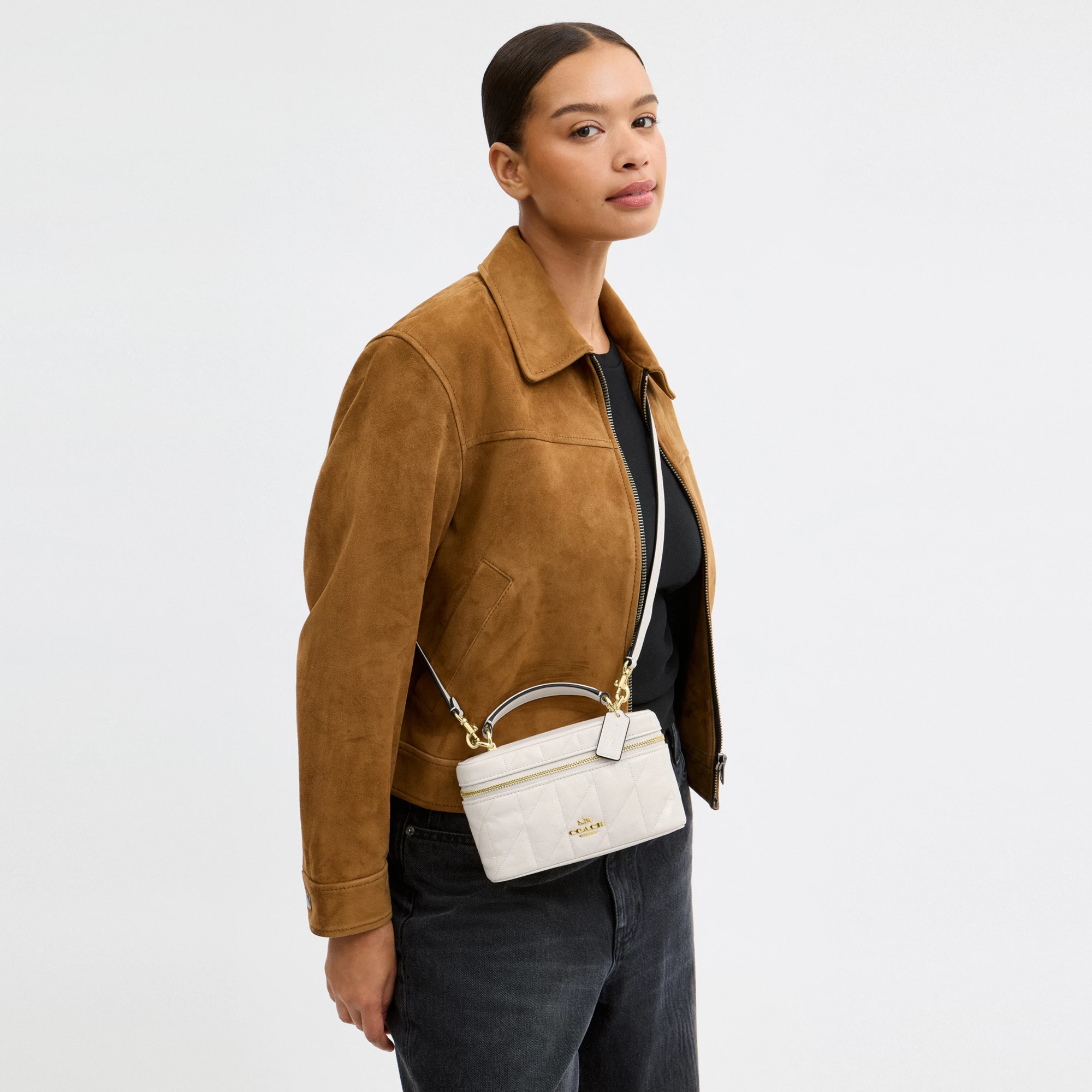 COACH®,Rainer Crossbody Bag 18 With Quilting,Recycled Polyester,Leather,Crossbody,Logo,Quilted,Sustainable,Adjustable,Gold...,White