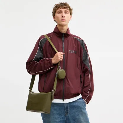 COACH®,Small Finn Crossbody Bag With Pouch,Leather,Recycled Polyester,Crossbody,Pouch,Logo,Set,Adjustable,Silver Metal,Casual,Olive,Detail View