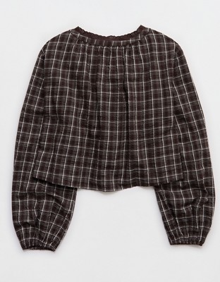 Aerie Seersucker Long Sleeve Volume Tie Top - Deep Earth