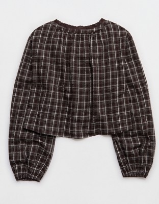 Aerie Seersucker Long Sleeve Volume Tie Top - Deep Earth