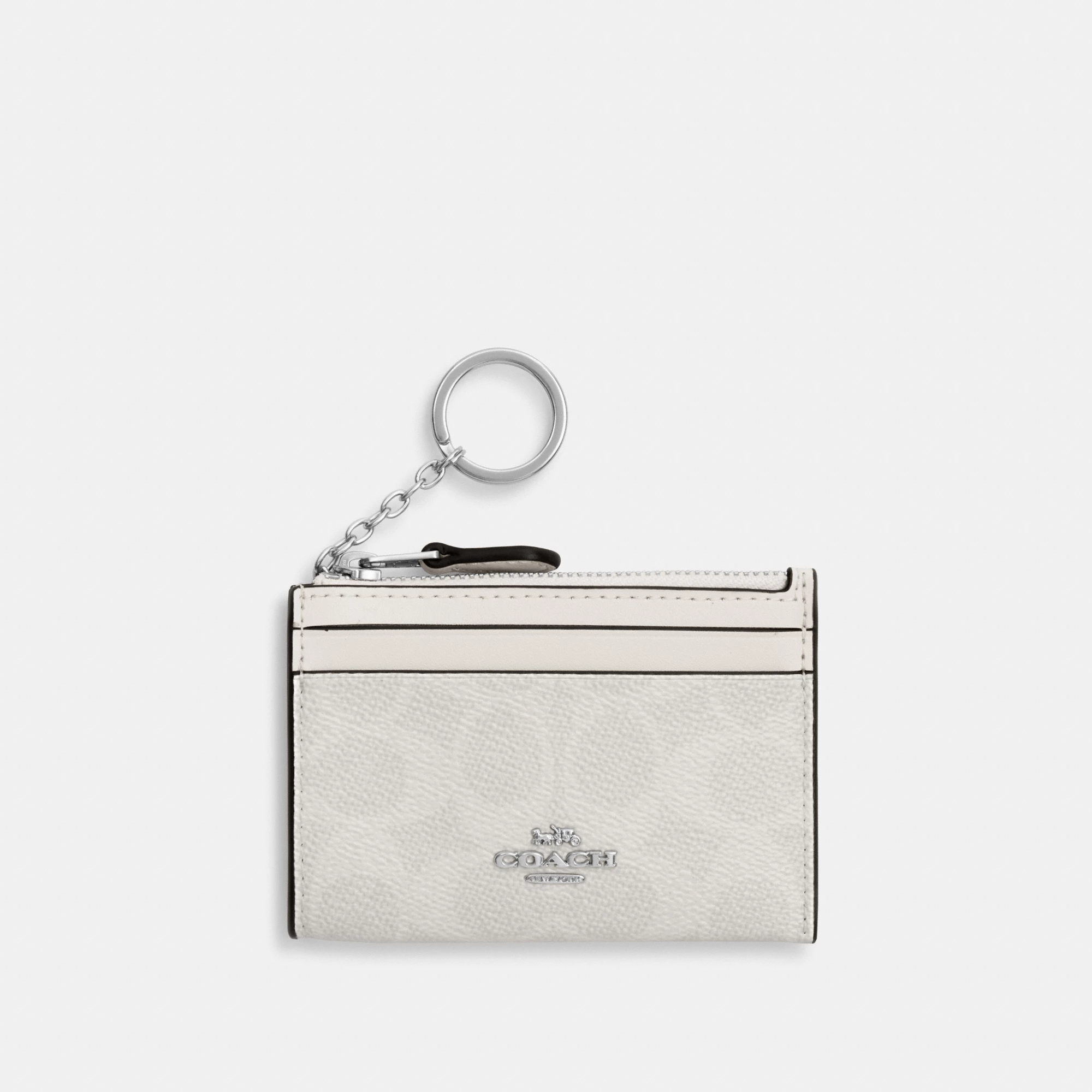COACH®,Mini Skinny Id Case In Signature Canvas,Card Case,Metal,Color Block,Logo,Sustainable,Key Ring,Casual,Gray,Front View