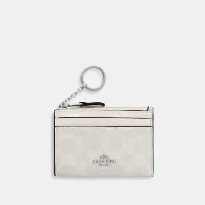 COACH®,Mini Skinny Id Case In Signature Canvas,Card Case,Metal,Color Block,Logo,Sustainable,Key Ring,Casual,Gray,Front View