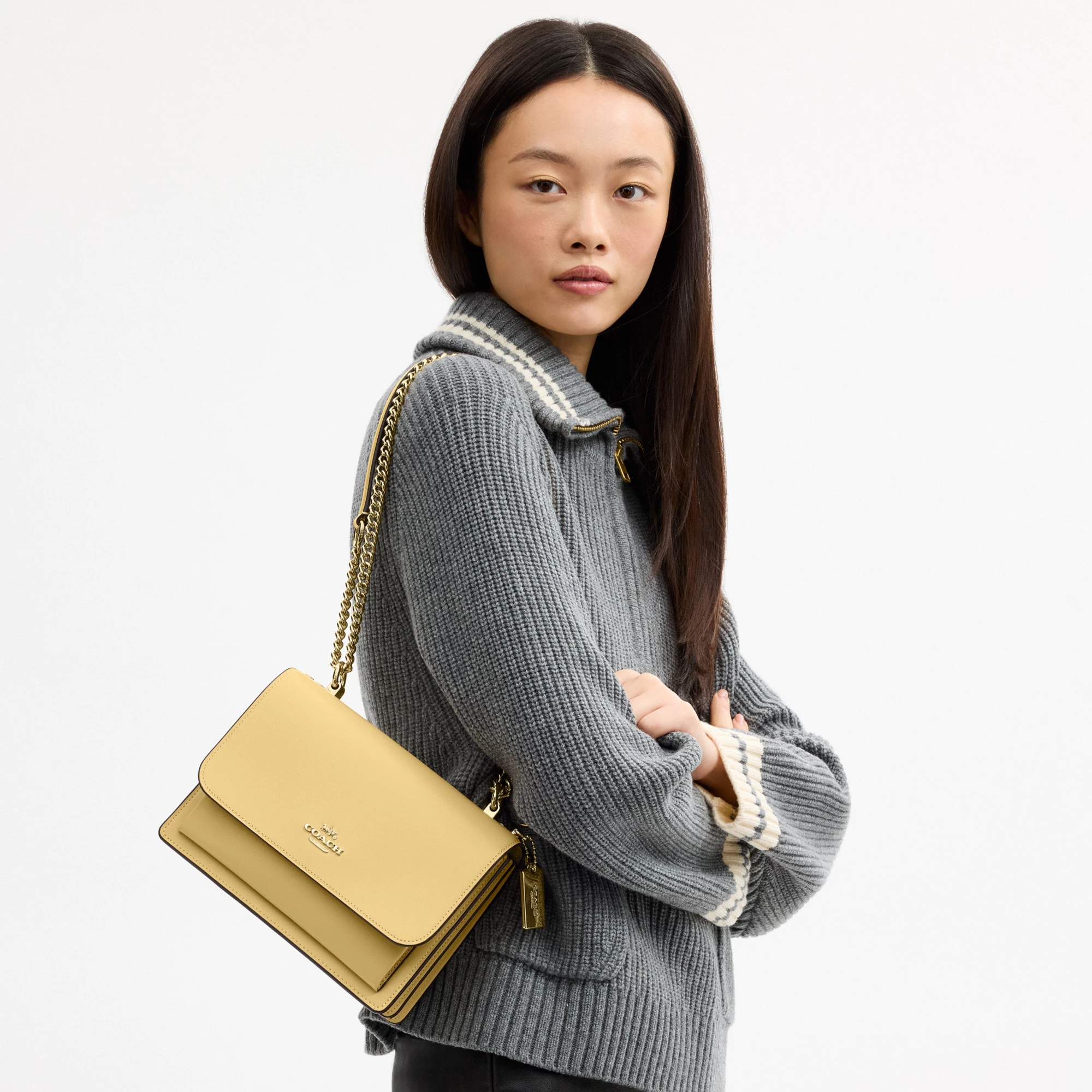 COACH®,Klare Crossbody Bag,Calfskin Leather,Leather,Crossbody,Metal,Logo,Luggage Tag,Adjustable,Lined,Compact,Gold Metal,D...,Gold,Detail View