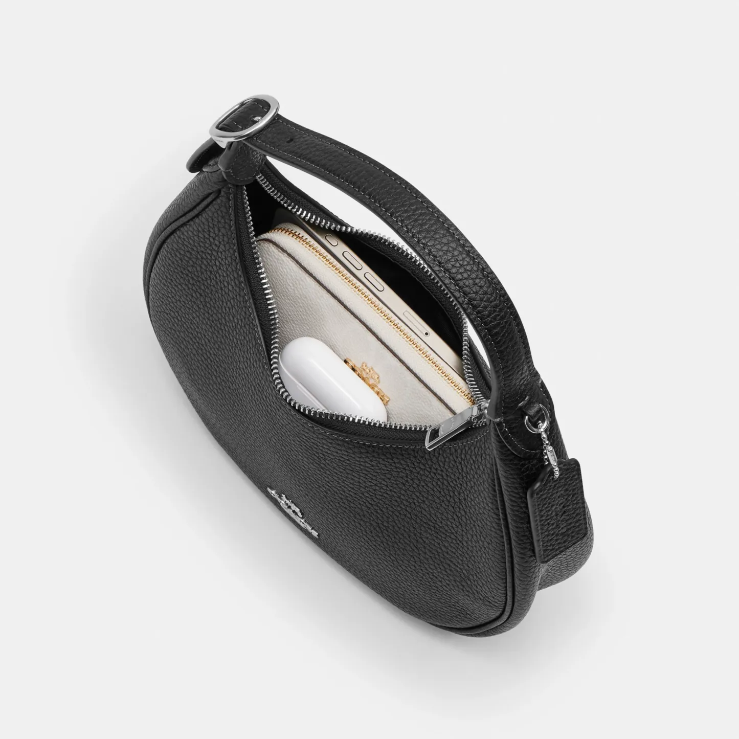 COACH®,Emily Shoulder Bag,Recycled Polyester,Leather,Shoulder Bag,Pendant,Metal,Adjustable,Silver Metal,Casual,Black,Inside View,Top View