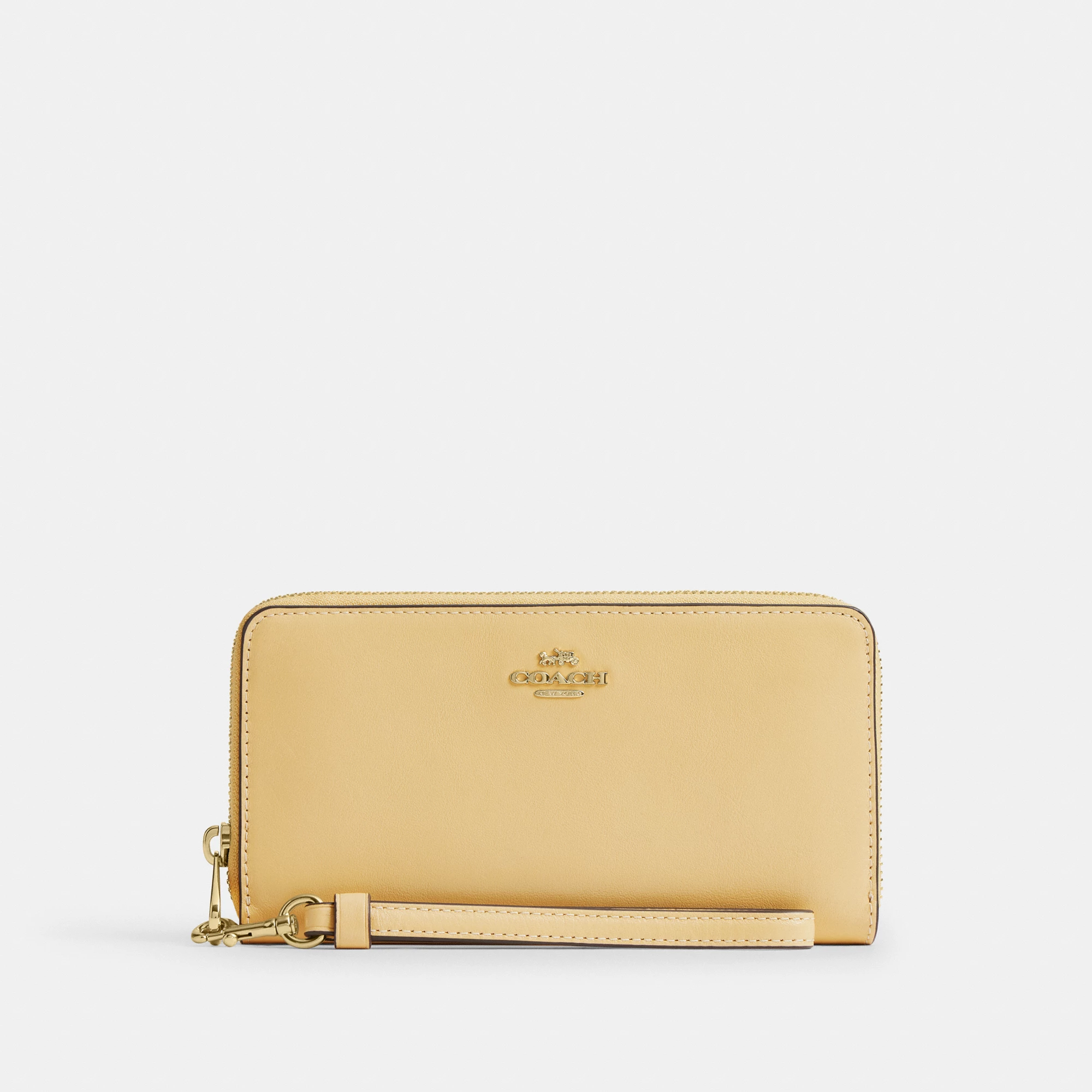 COACH®,Long Zip Around Wallet,Leather,Wristlet,Continental,Logo,Metal,Casual,Gold,Front View