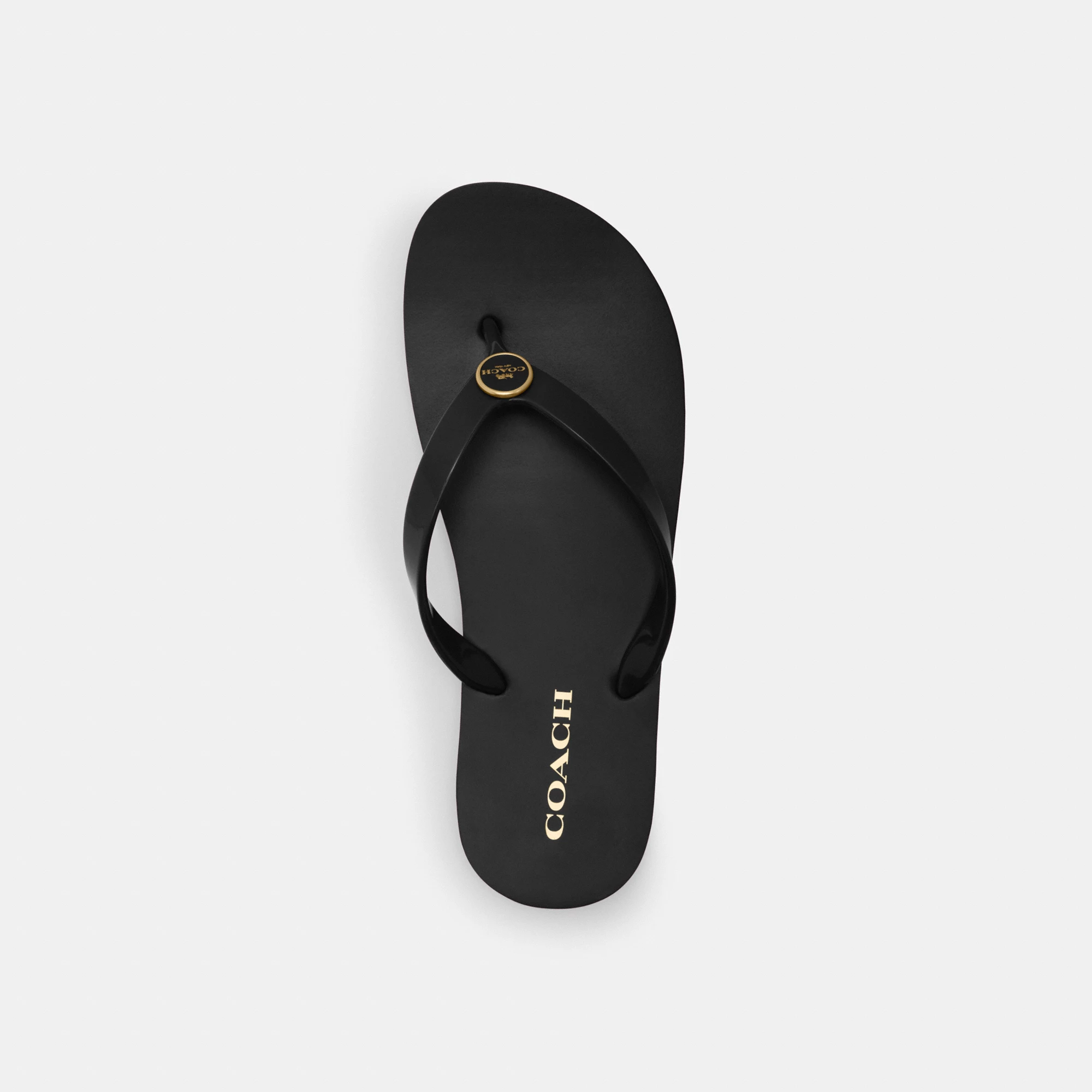 COACH®,Zayn Flip Flop,Rubber,Canvas,Flip Flops,Logo,Metal,Pull Tab,Casual,Black,Inside View,Top View