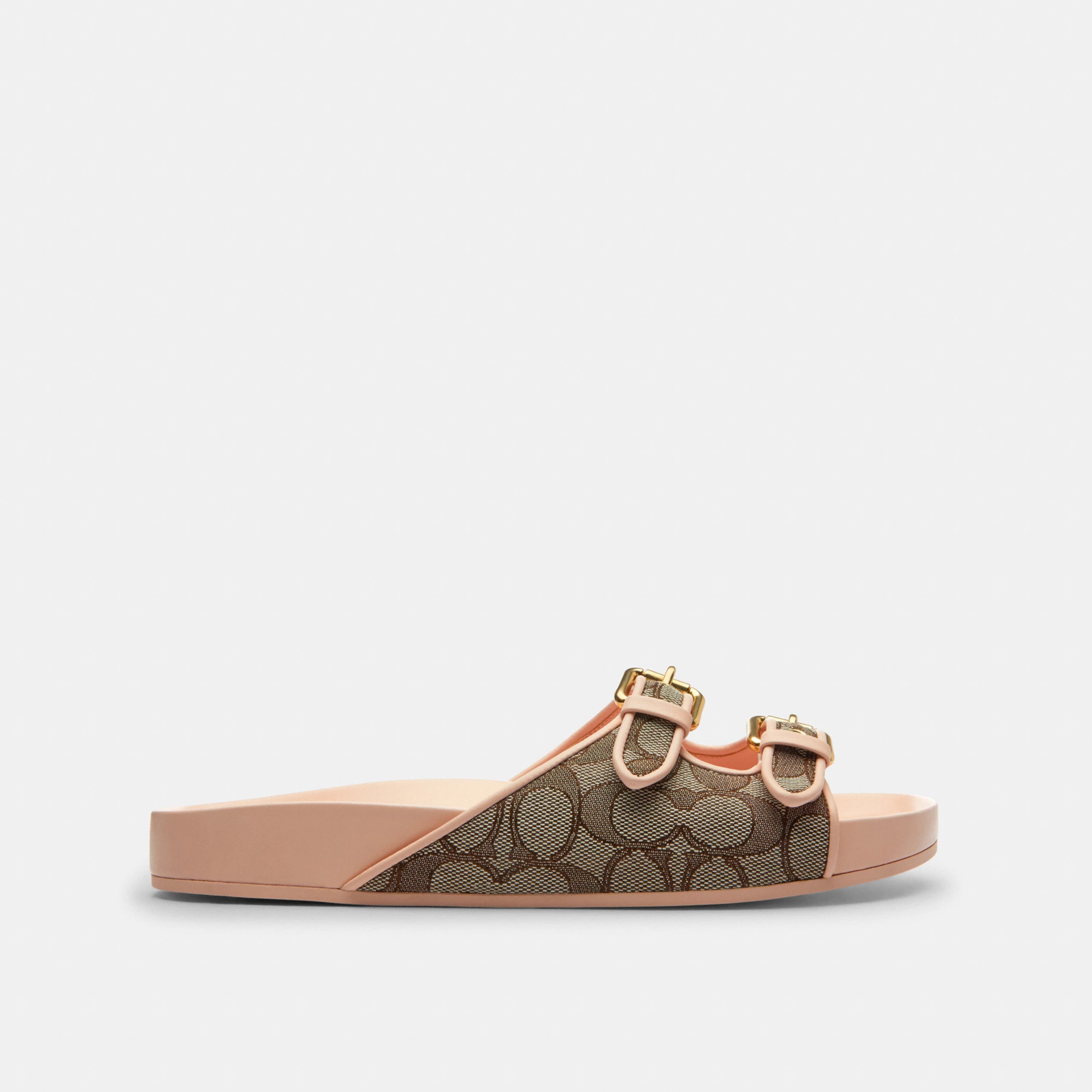 COACH®,Two Band Buckle Sandal In Signature Jacquard,Recycled Polyester,Cotton,Rubber,Polyester,Recycled Cotton,Slides,Fabr...,Multi Color,Angle View