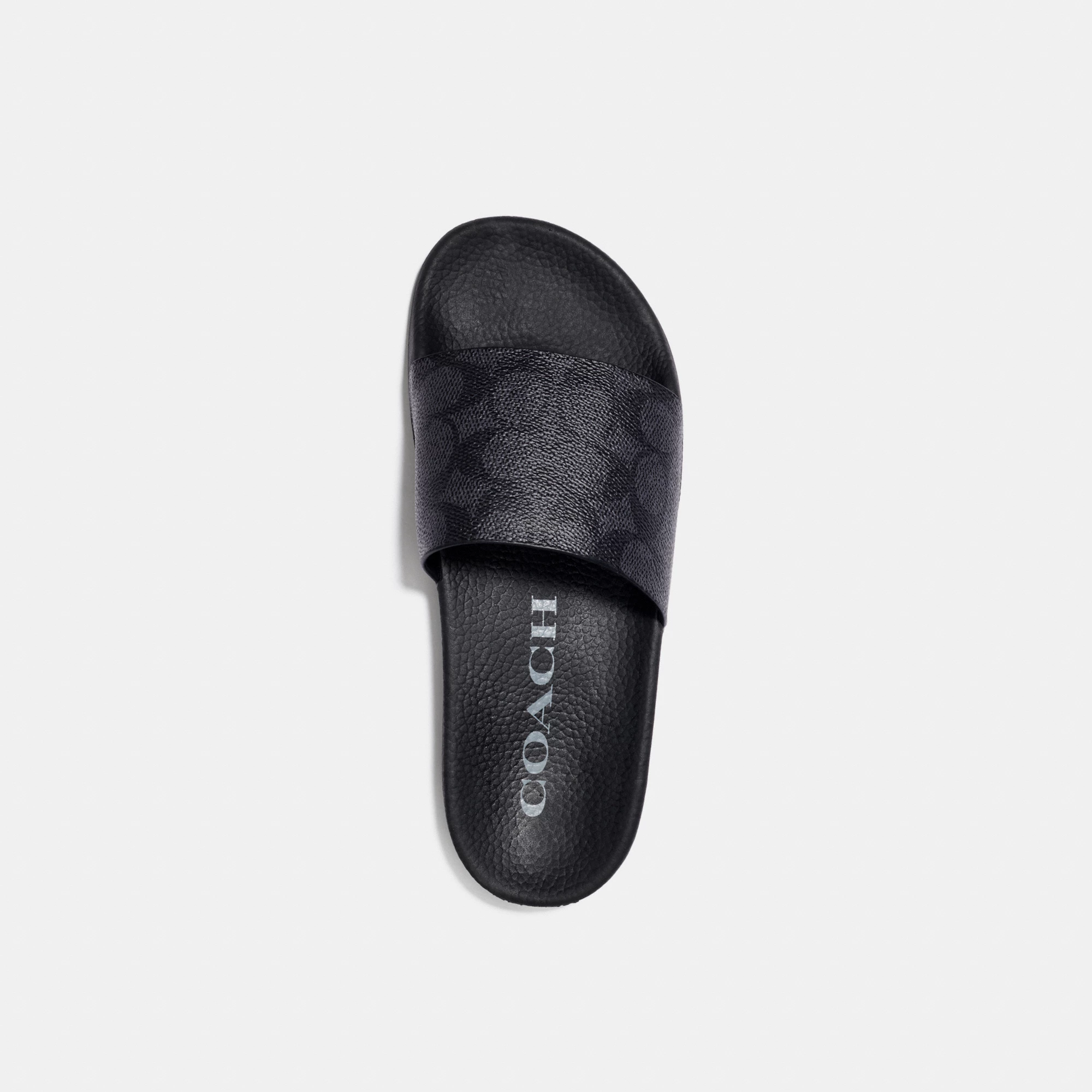 COACH®,Udele Sport Slide In Signature Canvas,Canvas,Rubber,EVA,Slides,Logo,Pull Tab,Cushioned Outsole,Casual,Black,Inside View,Top View