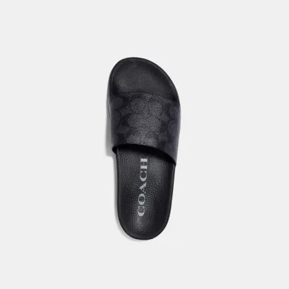 COACH®,Udele Sport Slide In Signature Canvas,Canvas,Rubber,EVA,Slides,Logo,Pull Tab,Cushioned Outsole,Casual,Black,Inside View,Top View
