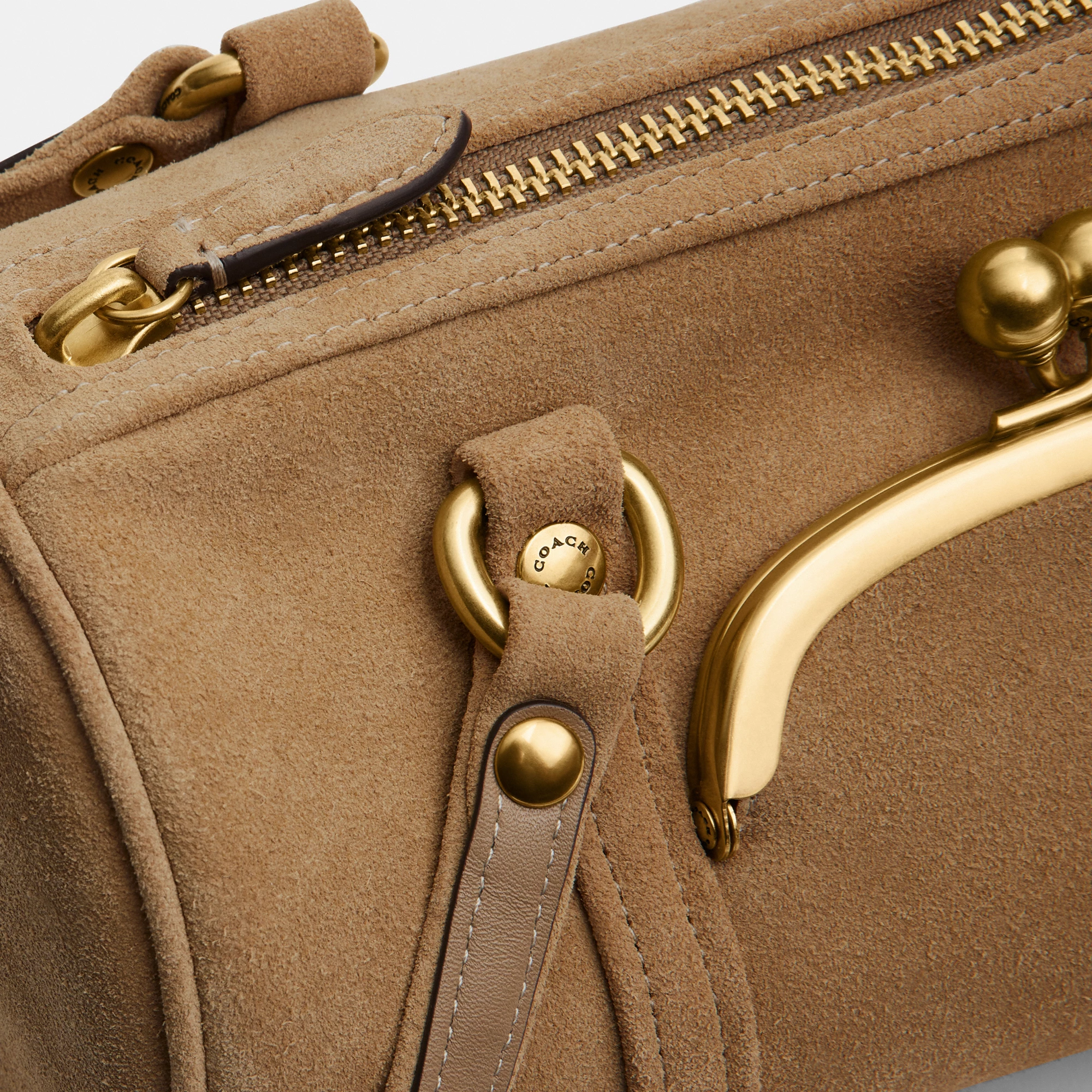 COACH®,Kisslock Barrel Bag 28,Lining Cotton,Suede,Leather,Barrel Bag,Pendant,Sustainable,Compact,Brass,Day Party,Beige,Closer View