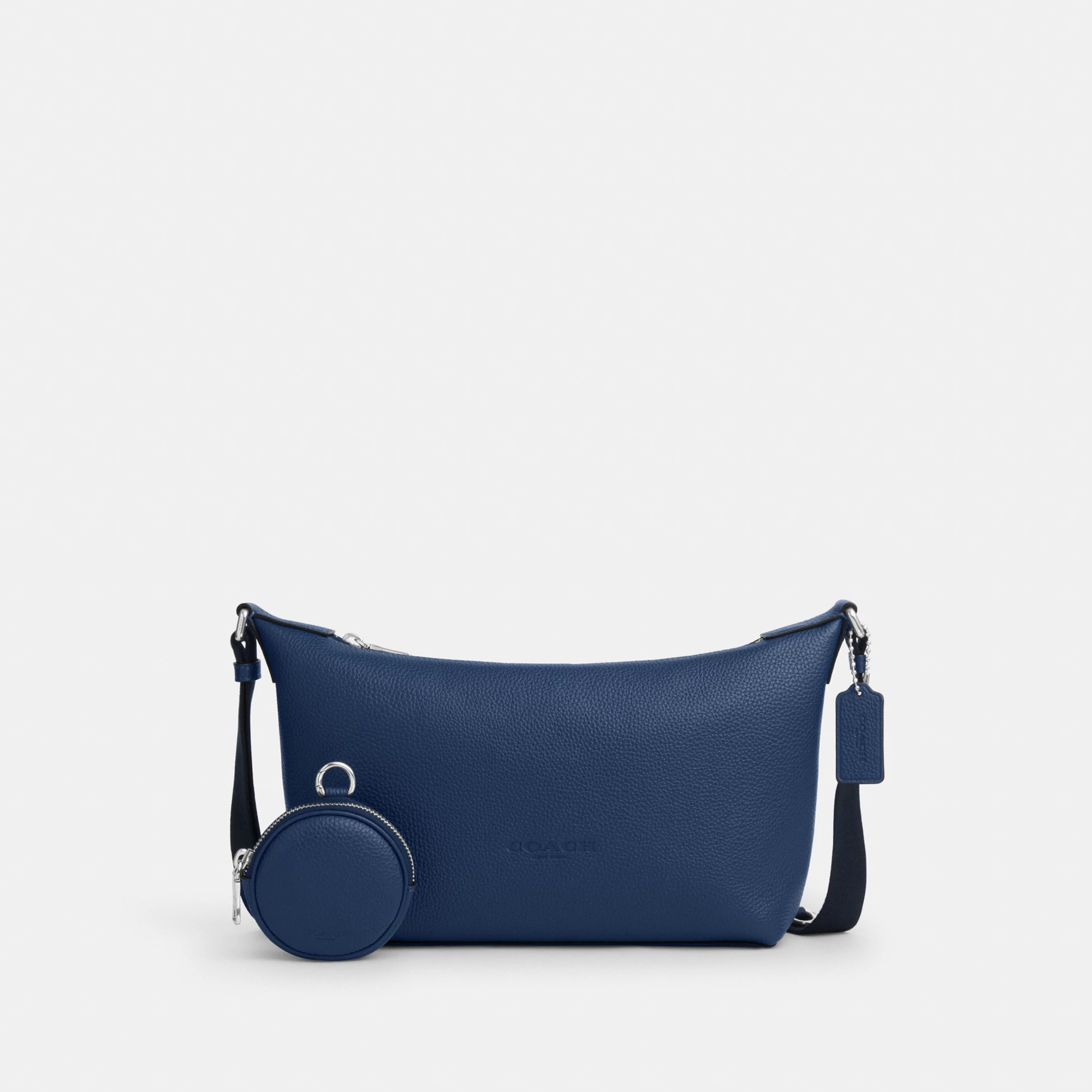 COACH®,Small Finn Crossbody Bag With Pouch,Leather,Recycled Polyester,Crossbody,Pouch,Logo,Set,Adjustable,Silver Metal,Casual,Blue,Front View