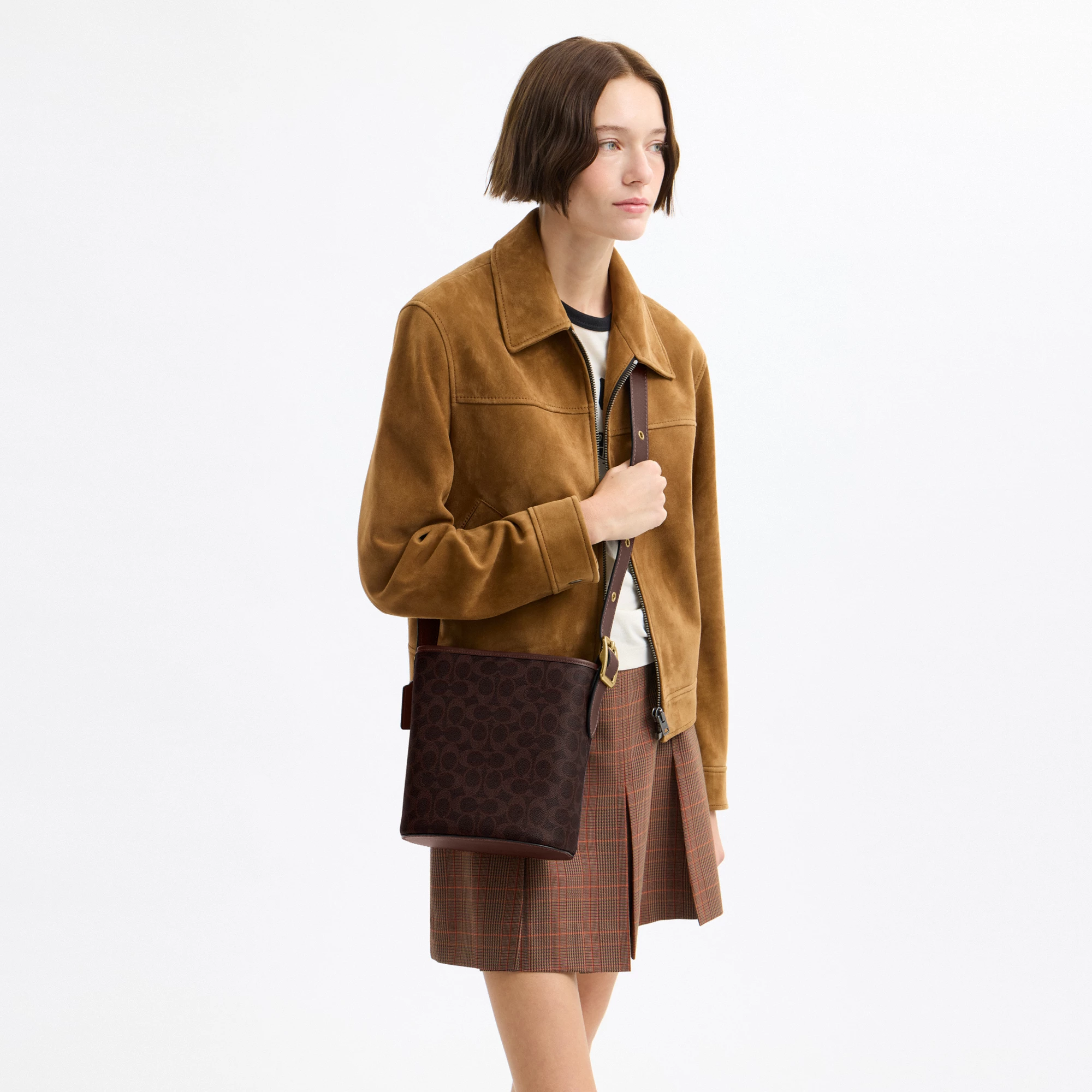 COACH®,Bleecker Bucket Bag 21 In Signature Canvas,Canvas,Leather,Bucket,Logo,Adjustable,Brass,Casual,Brown
