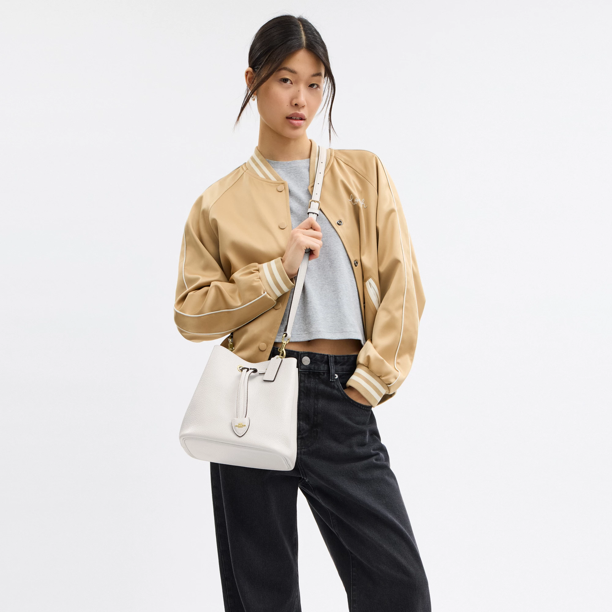 COACH®,Rowan Bucket Bag,Leather,Bucket,Metal,Logo,Casual,White