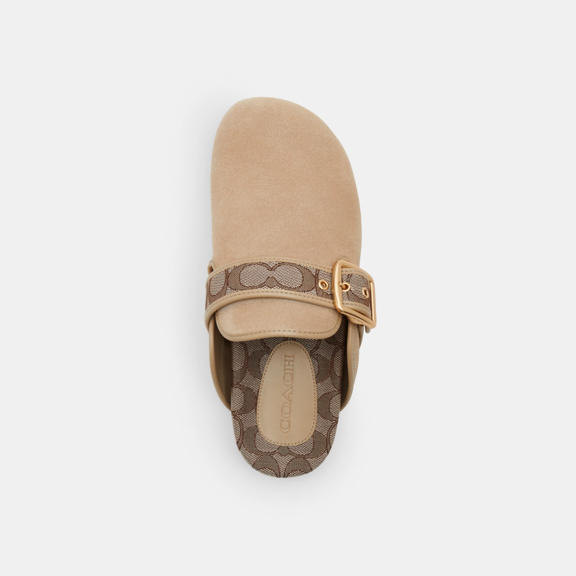 COACH®,Archival Buckle Clog,Rubber,Suede,Clogs,Fabric,Word Embellishment,Logo,Padded Insole,Sustainable,Traction,Cushioned...,Beige,Inside View,Top View