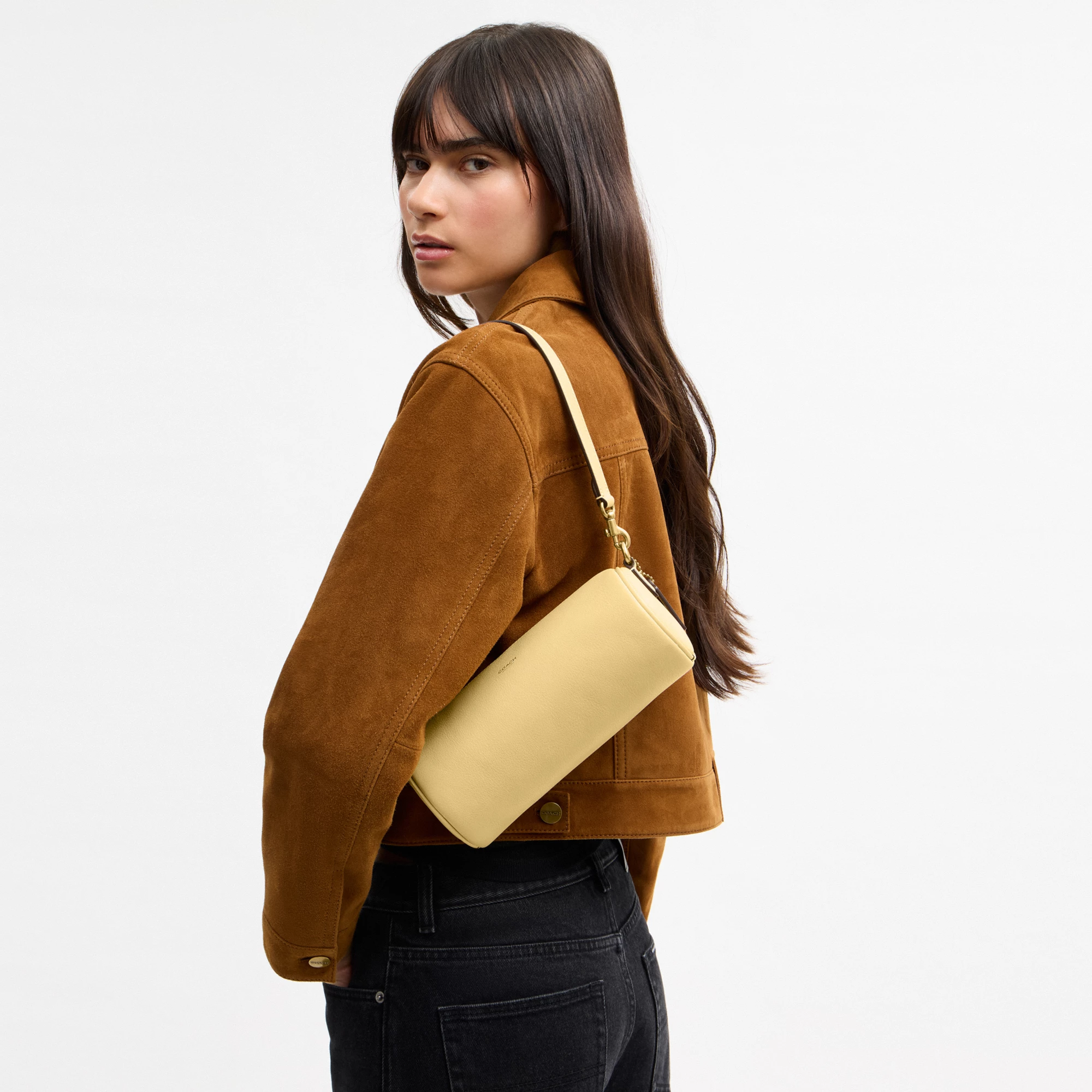 COACH®,Barrel Bag,Cotton,Leather,Barrel Bag,Pendant,Sustainable,Lined,Gold Metal,Day Party,Yellow,Detail View