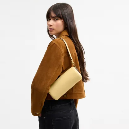COACH®,Barrel Bag,Cotton,Leather,Barrel Bag,Pendant,Sustainable,Lined,Gold Metal,Day Party,Yellow,Detail View