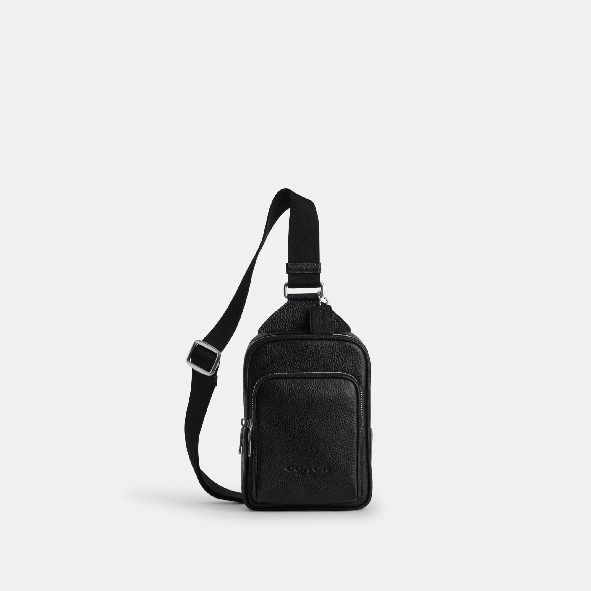 COACH®,Racer Sling Pack,Recycled Polyester,Polyester,Leather,Slingback,Metal Material,Metal,Adjustable,Silver Metal,Casual,Black,Front View