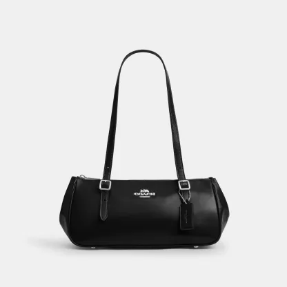 COACH®,Asher Shoulder Bag,Leather,Shoulder Bag,Logo,Metal,Luggage Tag,Adjustable,Compact,Key Ring,Lined,Silver Metal,Casual,Black,Front View