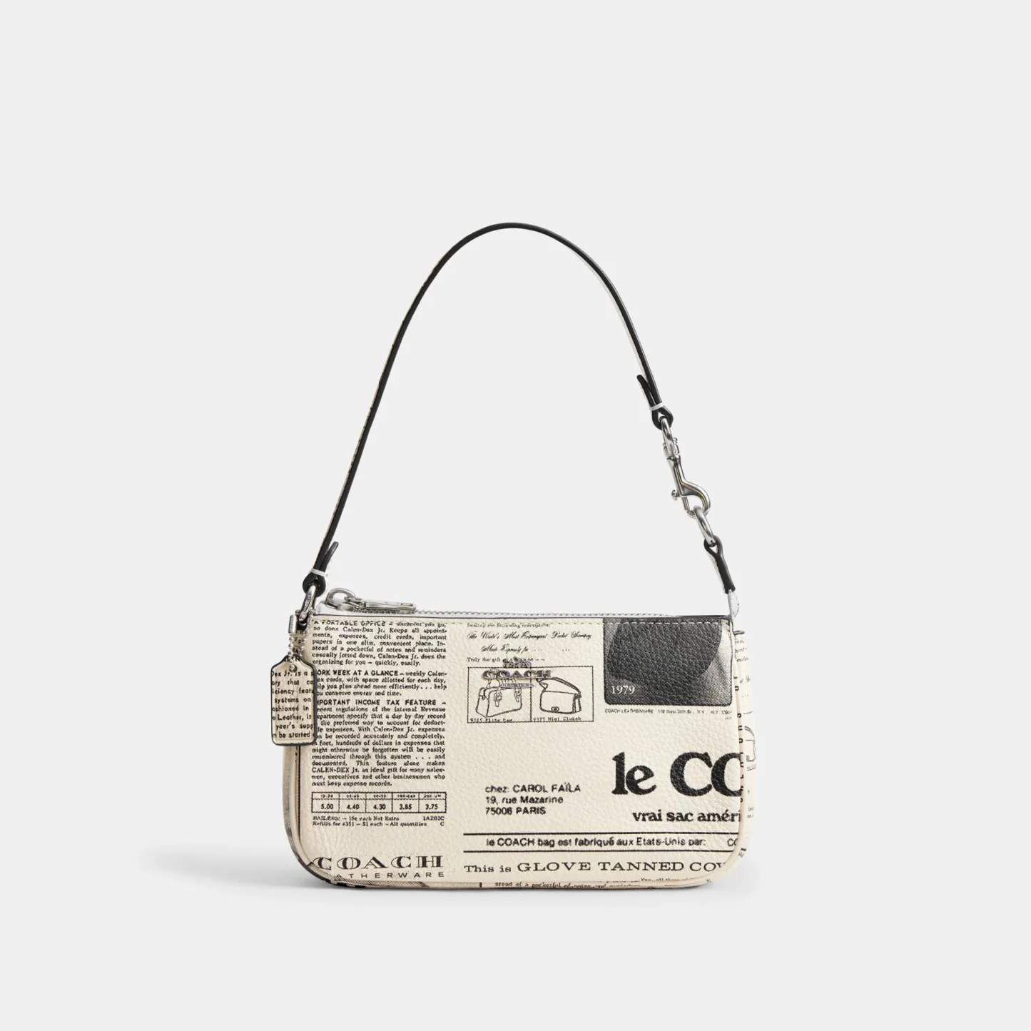 COACH®,Nolita 19 With Newspaper Print,Leather,Shoulder Bag,Metal,Silver Metal,Casual,Cream,Front View