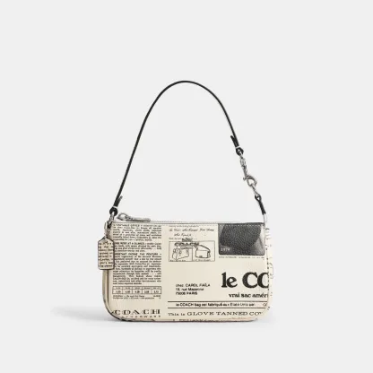 COACH®,Nolita 19 With Newspaper Print,Leather,Shoulder Bag,Metal,Silver Metal,Casual,Cream,Front View