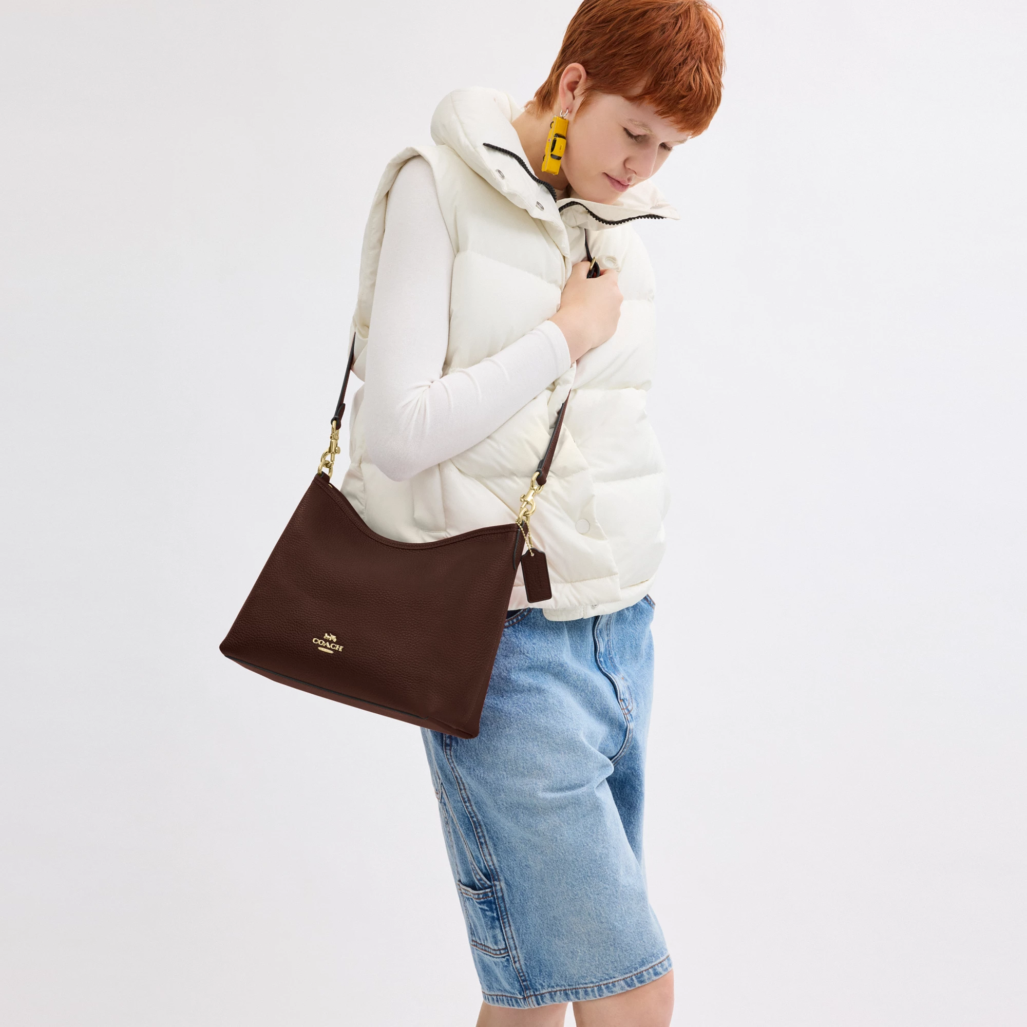 COACH®,Laurel Shoulder Bag,Leather,Hobo,Logo,Gold Metal,Casual,Brown,Detail View