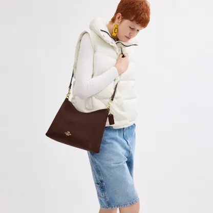 COACH®,Laurel Shoulder Bag,Leather,Hobo,Logo,Gold Metal,Casual,Brown,Detail View