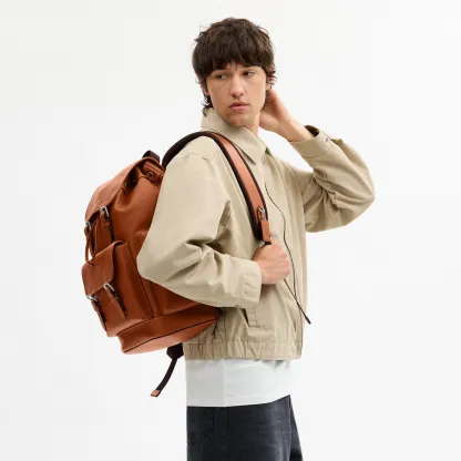 COACH®,Sprint Backpack,Recycled Polyester,Leather,Backpack,Logo,Adjustable,Padded Back Panel,Sustainable,Suitcase Sleeve,S...,Brown,Detail View