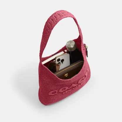 COACH®,Brooklyn Shoulder Bag 28,Calfskin Leather,Hobo,Straw,Applique,Pendant,Logo,Brass,Casual,,Inside View,Top View