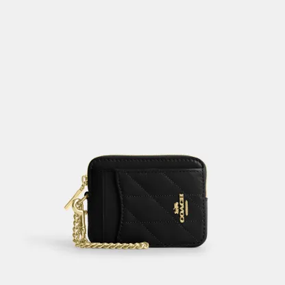 COACH®,Zip Card Case With Quilting,Leather,Wristlet,Coin,Card Case,Metal,Logo,Quilted,Casual,Black,Front View
