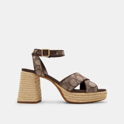 COACH®,Block Heel Sandal In Signature Jacquard,Brown,Angle View