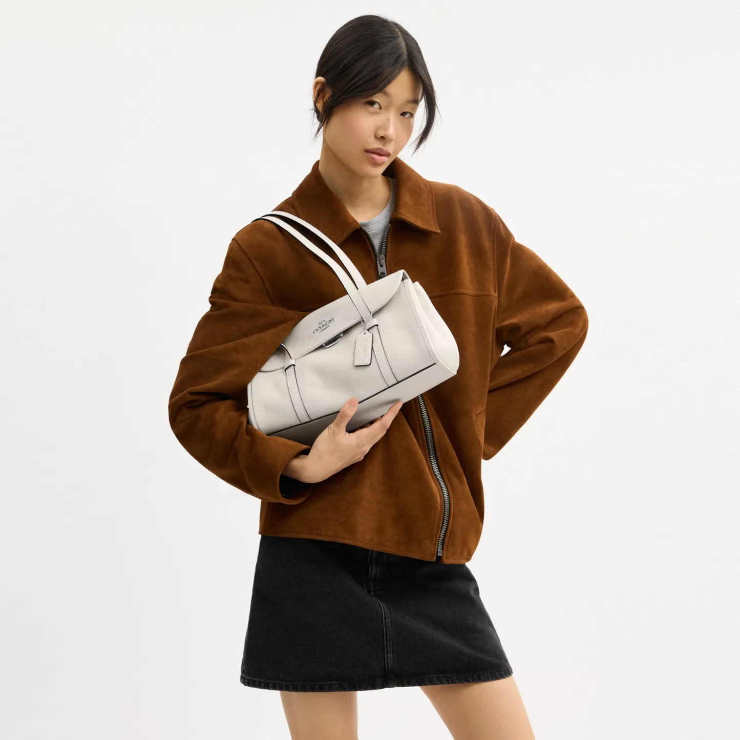 COACH®,Bridget Flap Shoulder Bag,Leather,Shoulder Bag,Logo,Metal,Gold Metal,Casual,White,Detail View