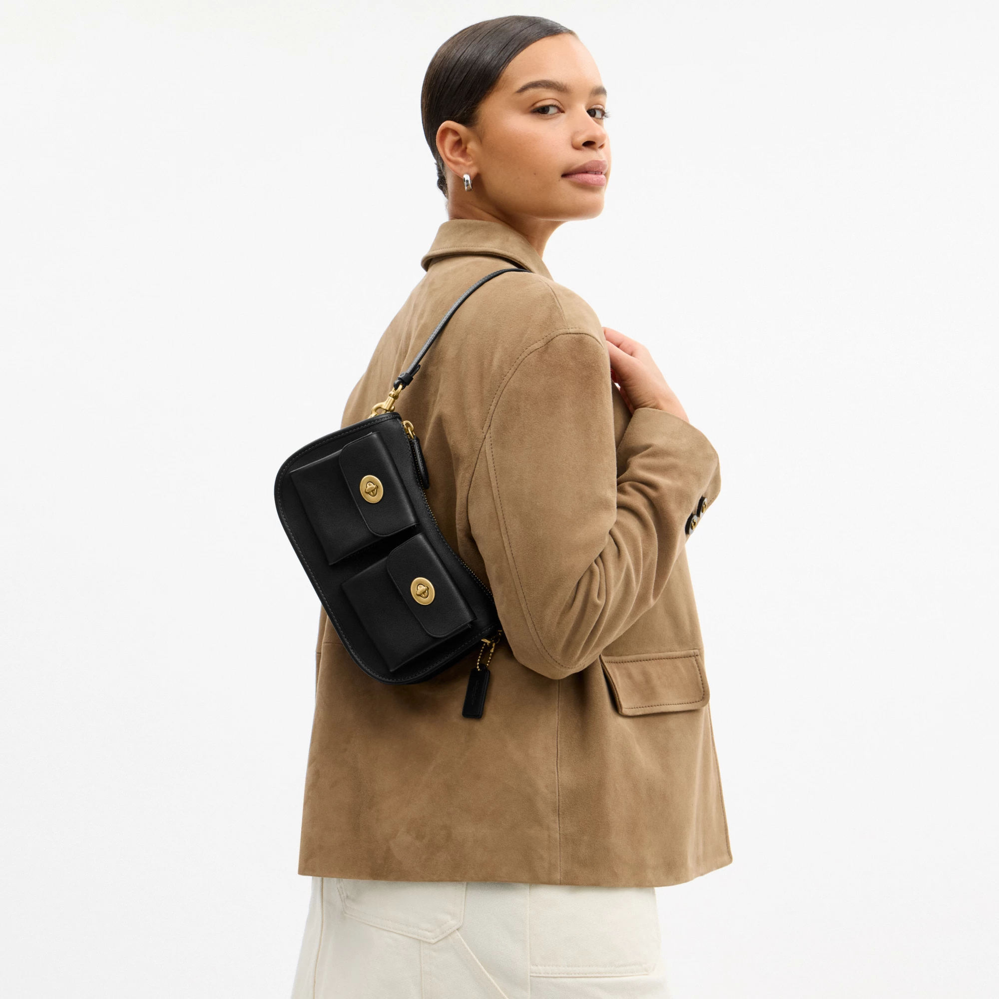 COACH®,Twin Turnlock Waverly Bag,Leather,Cotton,Shoulder Bag,Pendant,Compact,Gold Metal,Day Party,Black