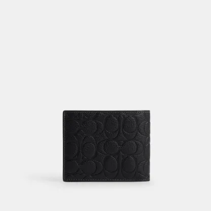 COACH®,3-In-1 Wallet In Signature Leather,Leather,Passcase Wallet,Embossed,Casual,Black,Back View