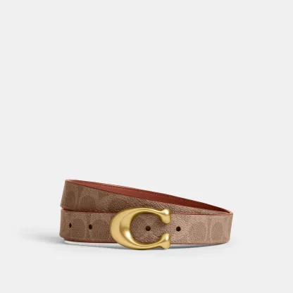 COACH®,Sculpted C Buckle Reversible Belt, 25 Mm,Canvas,Leather,Standard,Logo,Metal,Reversible,Brass Gold,Gold Metal,Casual,Brown,Front View