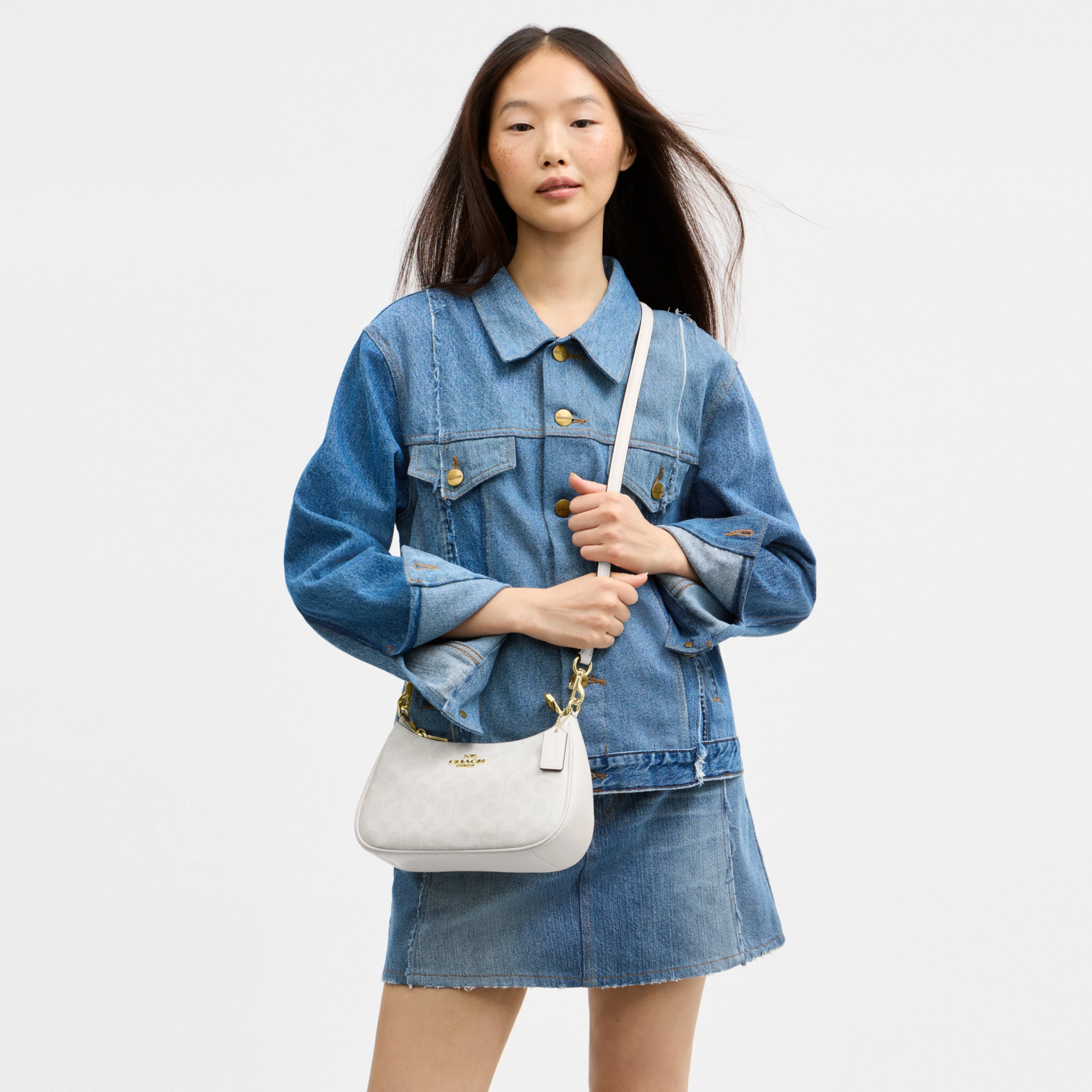 COACH®,Teri Shoulder Bag In Signature Canvas,Shoulder Bag,Logo,Tag Embellishment,Embossed,Metal,Casual,Gray