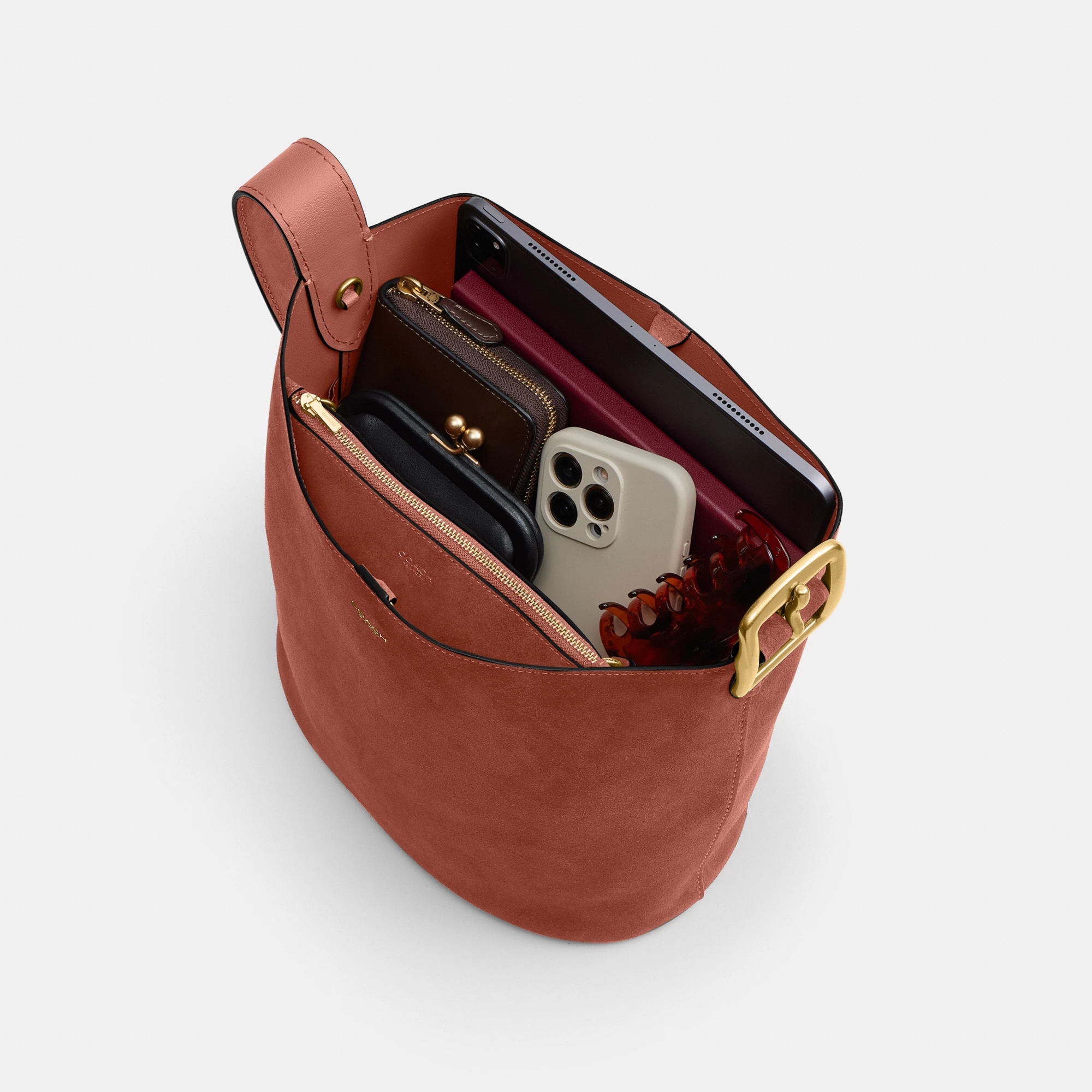COACH®,Bleecker Bucket Bag,Leather,Suede,Bucket,Hobo,Embellished,Lined,Adjustable,Gold Metal,Casual,Brown,Inside View,Top View
