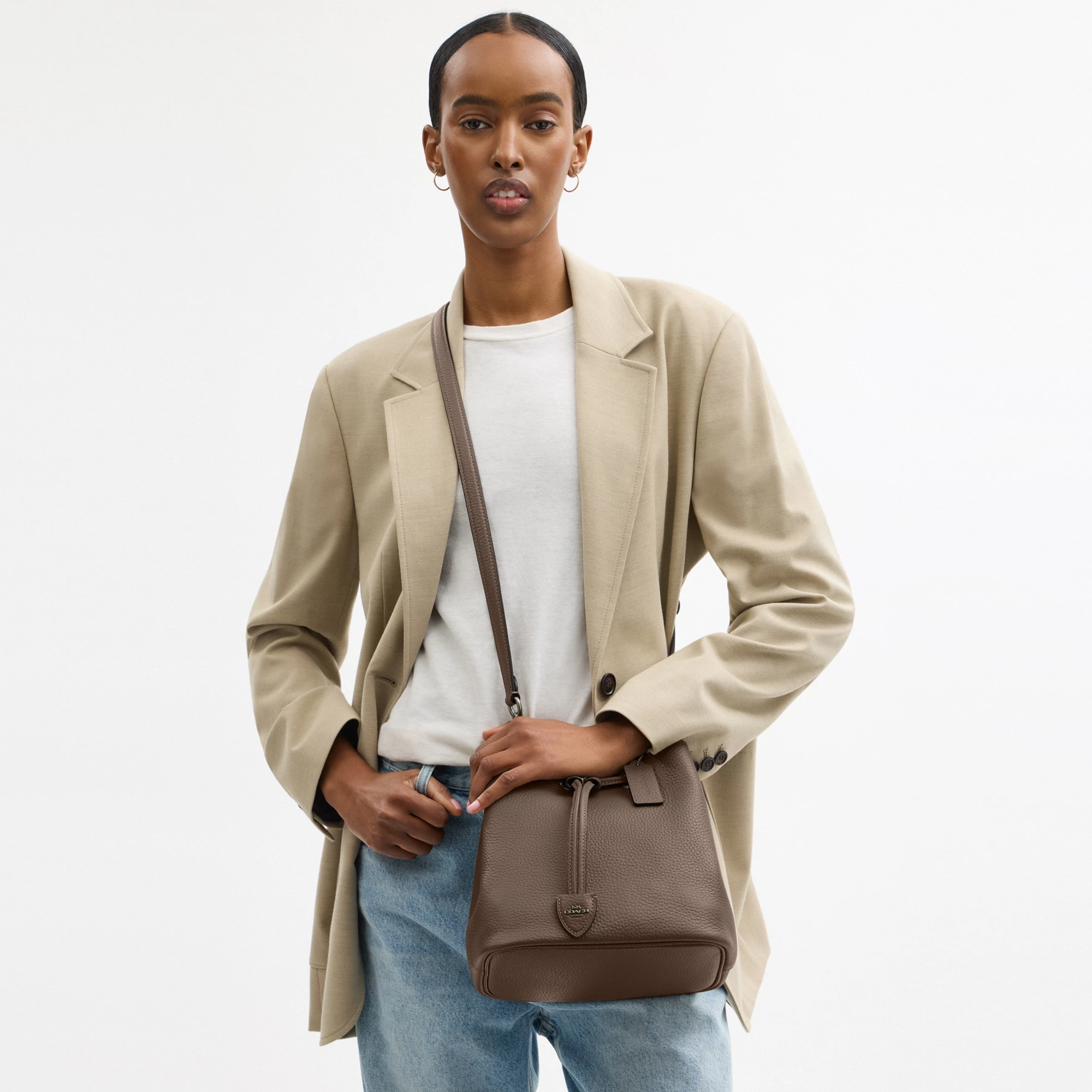 COACH®,Rowan Bucket Bag,Leather,Bucket,Metal,Logo,Casual,Brown