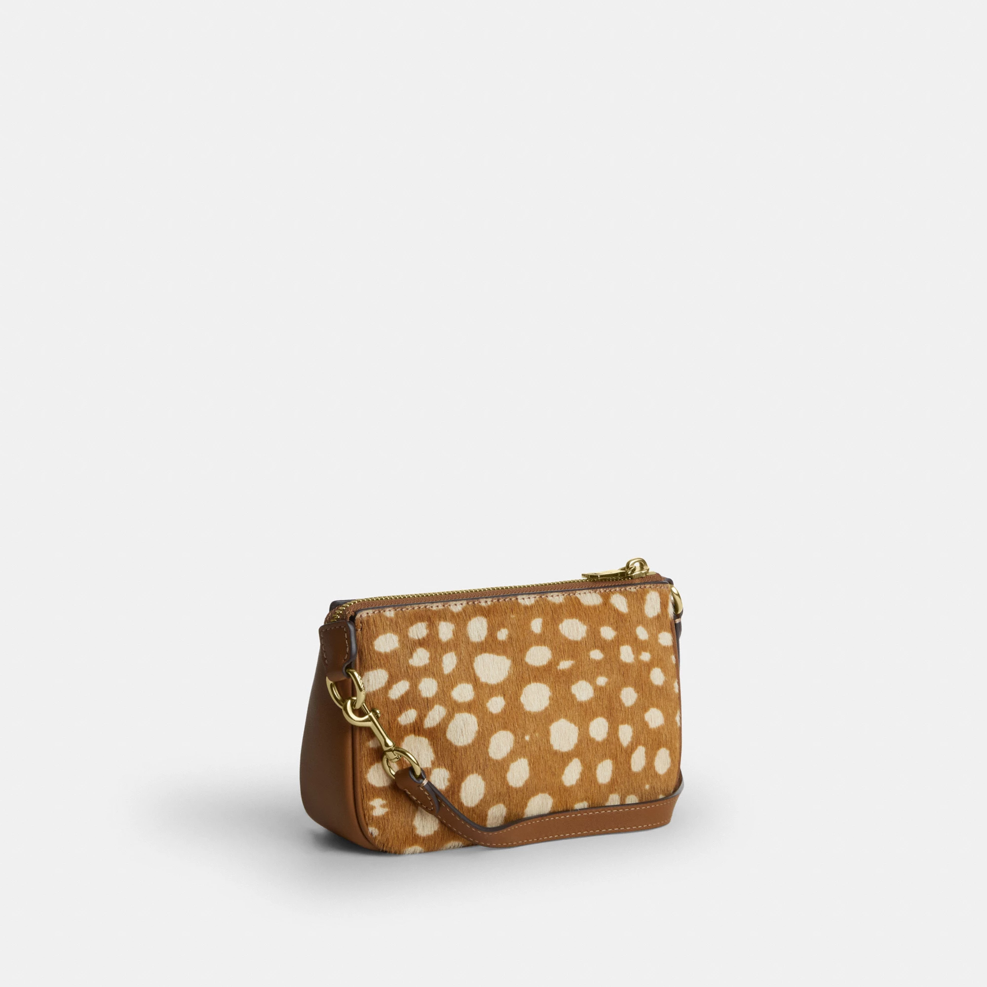 COACH®,Nolita 19 With Deer Print,Recycled Polyester,Calf Hair,Leather,Pouch,Metal Material,Lined,Sustainable,Gold Metal,Ca...,Brown,Angle View