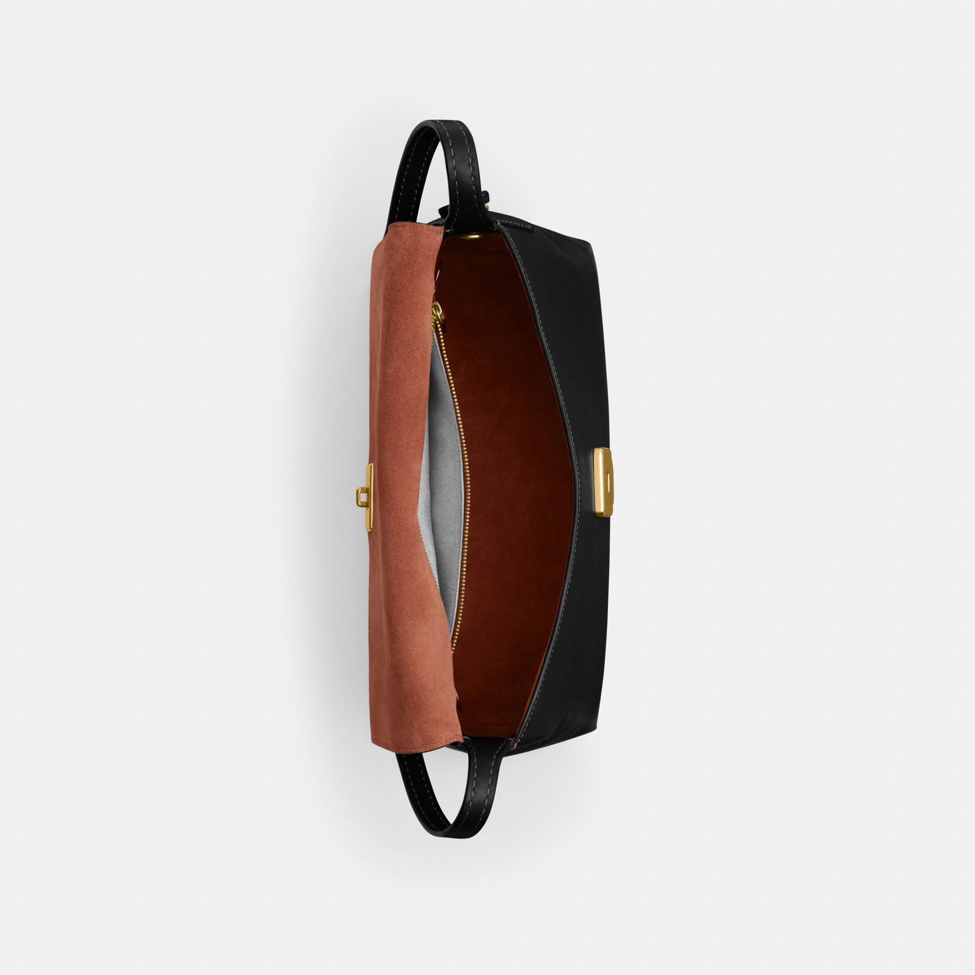 COACH®,Chelsea Shoulder Bag 30,Suede,Leather,Shoulder Bag,3D Embellishment,Metal,Pendant,Lined,Brass,Casual,Black,Inside View,Top View