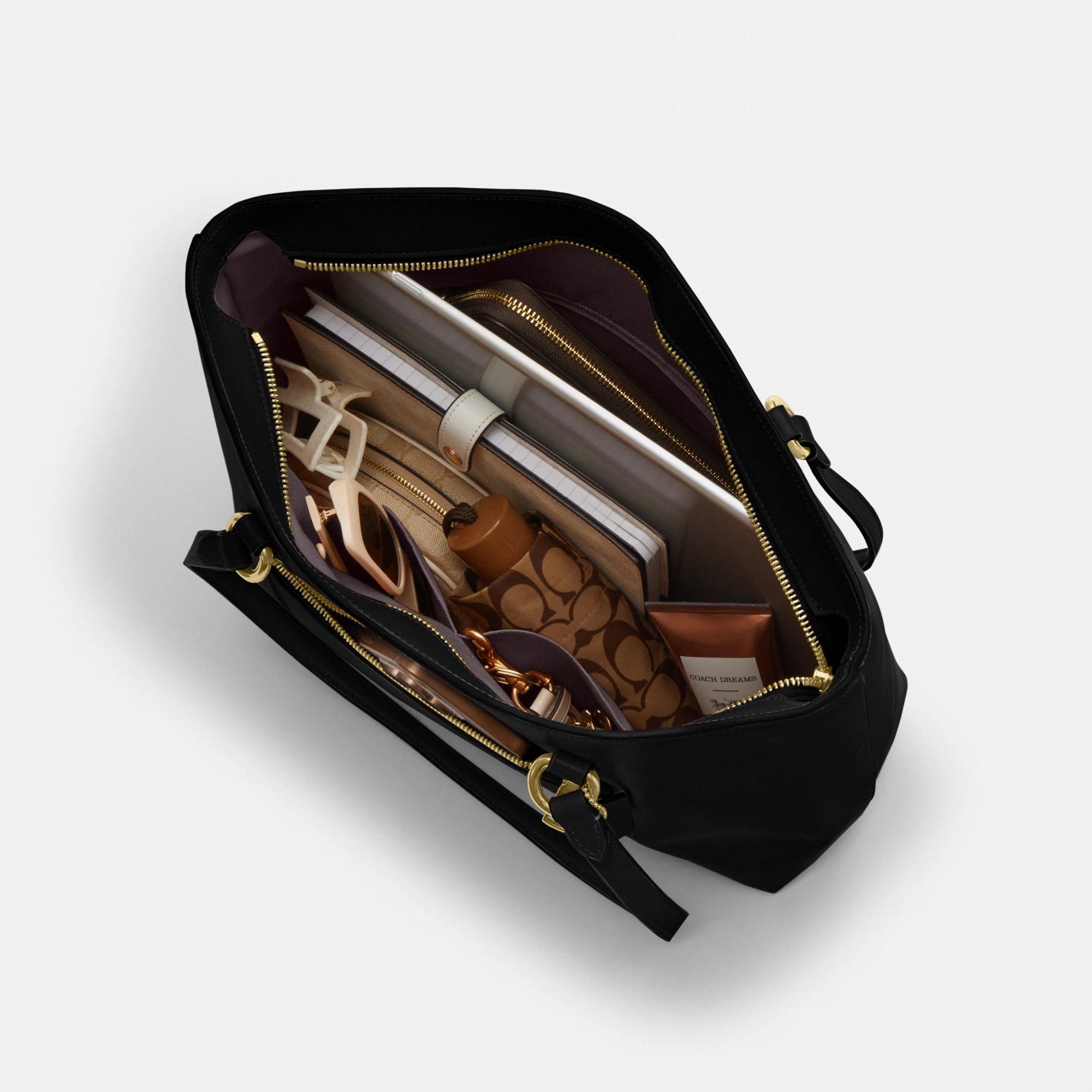 COACH®,Station Tote Bag,Leather,Recycled Polyester,Tote,Logo,Metal,Gold Metal,Work,Black,Inside View,Top View